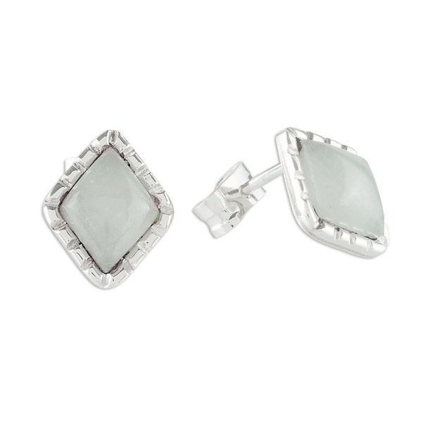Alternate image for Silver Stud Earrings with Pale Ice Green Jade Diamonds Ice Green Diamond