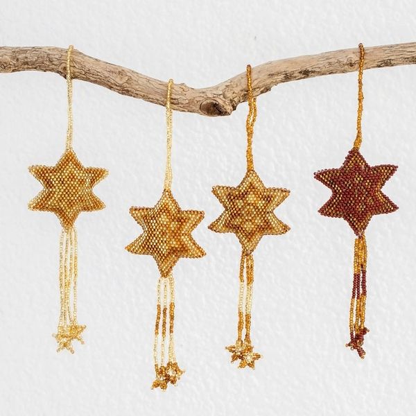 Alternate image for Glass Beaded Ornaments in Gold and Brown Set of 4 Fleeting Stars