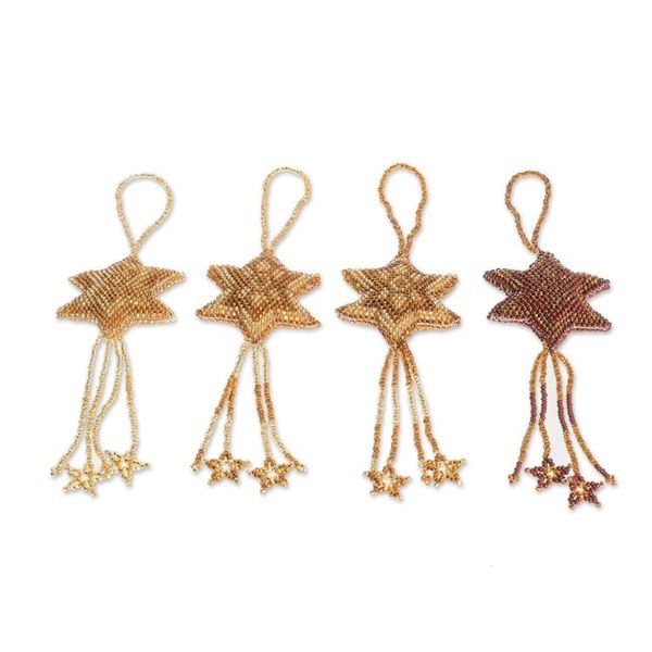 Alternate image for Glass Beaded Ornaments in Gold and Brown Set of 4 Fleeting Stars
