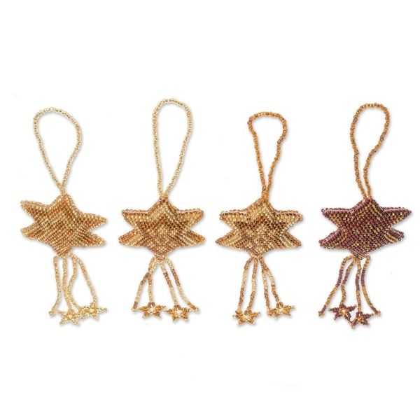 Alternate image for Glass Beaded Ornaments in Gold and Brown Set of 4 Fleeting Stars