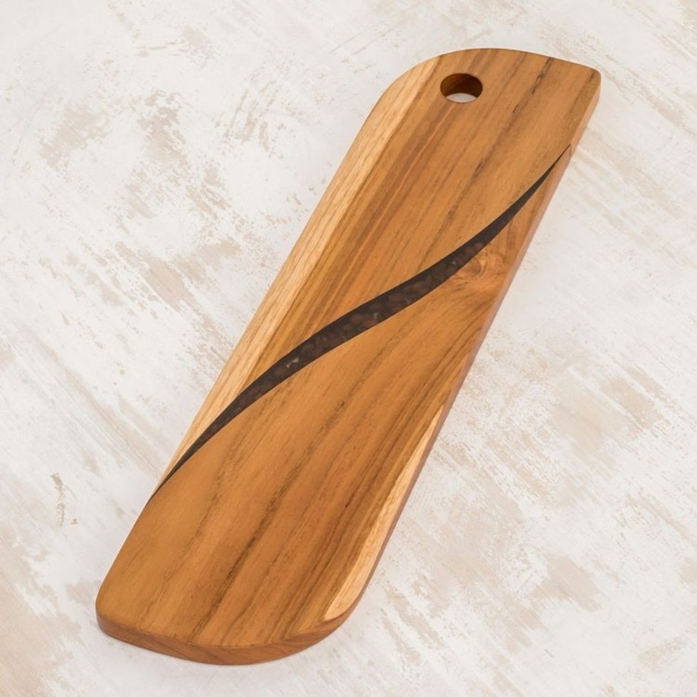Coffee-Themed Long Teak Wood Trivet from Costa Rica 'Greet the Morning'