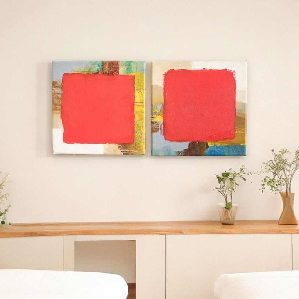 Signed Abstract Diptych in Red from El Salvador 2018 'Diptych'