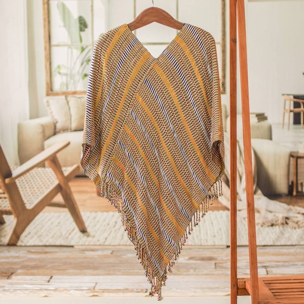 Fringed Cotton Poncho 'San Juan Spring'