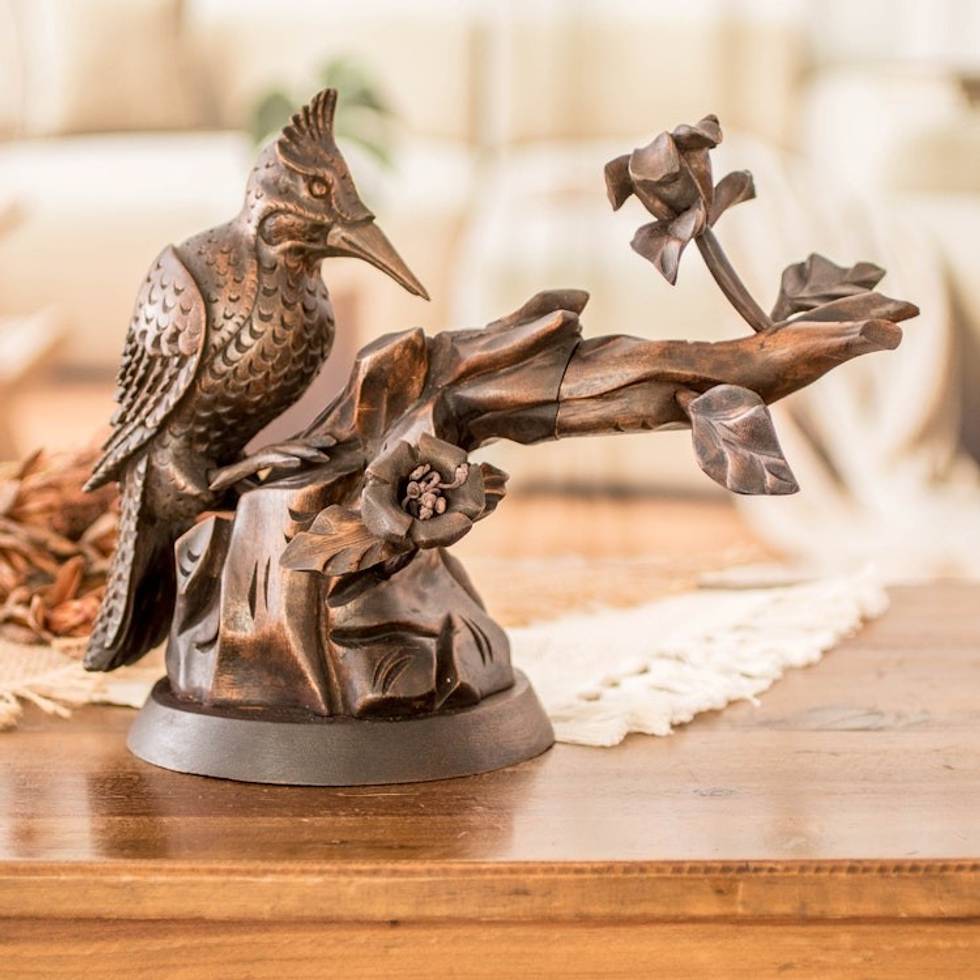 Hand Carved Cedar Wood Bird Sculpture from Guatemala 'Industrious Woodpecker'