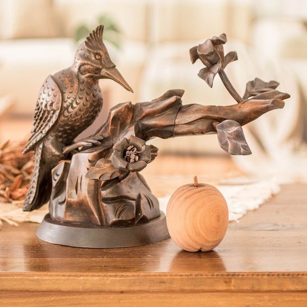 Alternate image for Hand Carved Cedar Wood Bird Sculpture from Guatemala Industrious Woodpecker
