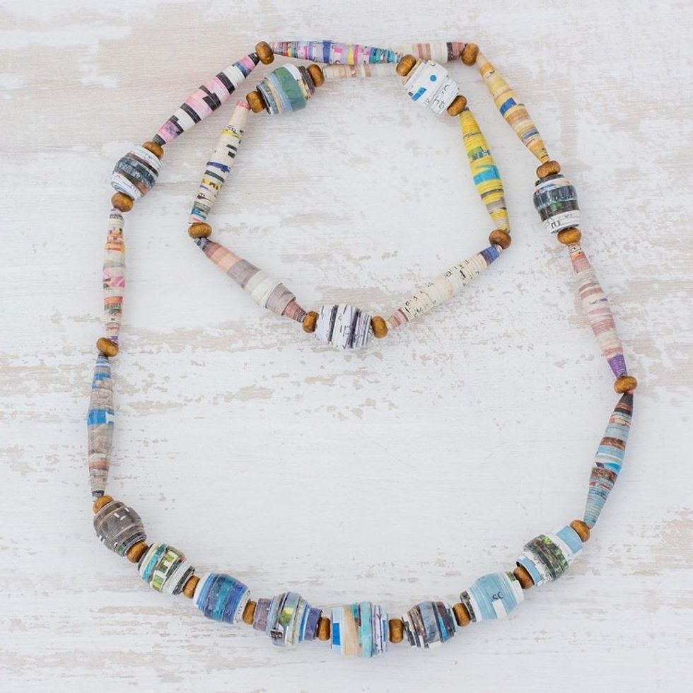 Handcrafted Multicolor Recycled Paper Bead Long Necklace 'New Spin'