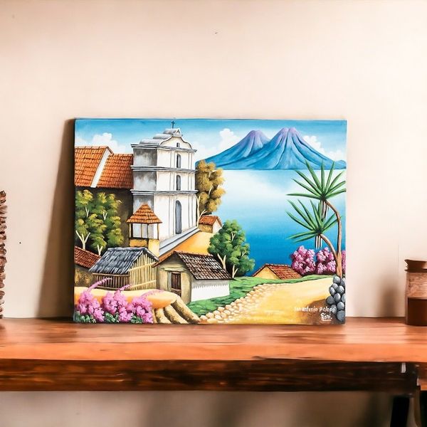 Alternate image for Guatemalan Landscape Scene in Oil on Canvas San Antonio Palopo I
