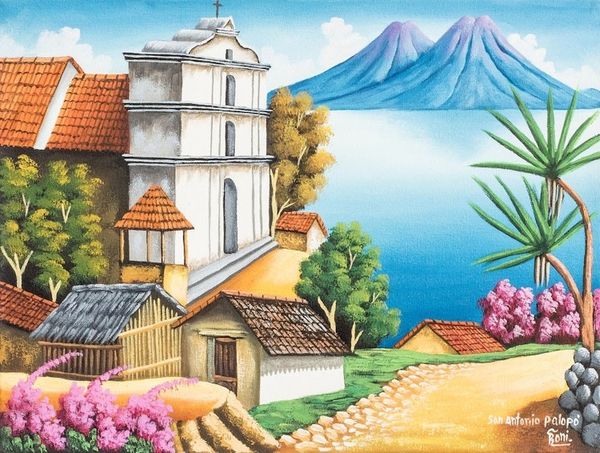 Alternate image for Guatemalan Landscape Scene in Oil on Canvas San Antonio Palopo I
