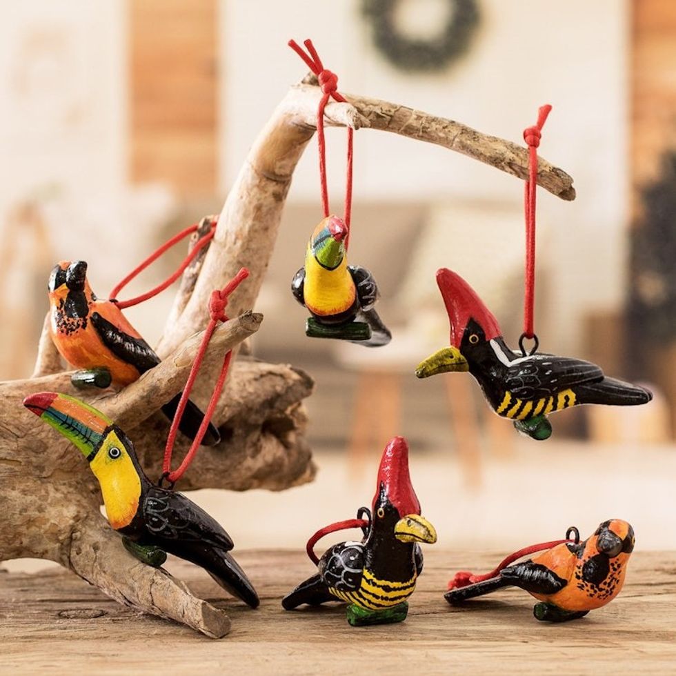 Ceramic Oriole Toucan Woodpecker Ornaments 6 Guatemala 'The Wild Life'