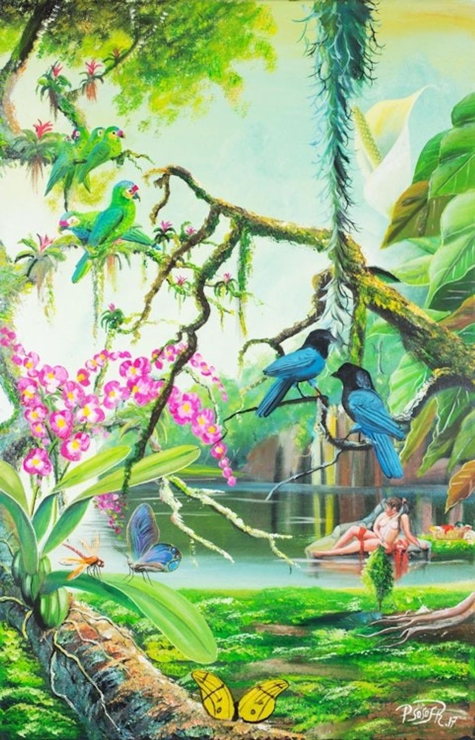 Signed Realist Painting of Blue Jays from Guatemala 'Bushy-Crested Jays'