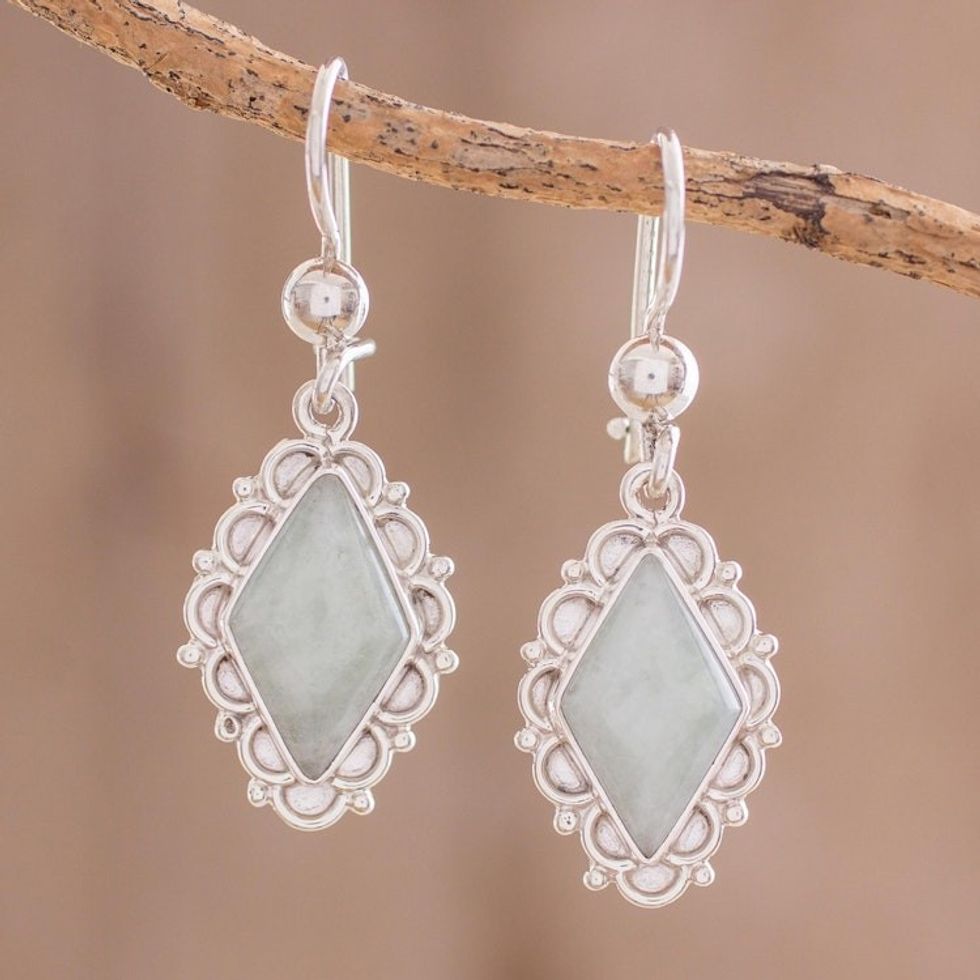 Apple Green Jade Diamond-Shaped Earrings from Guatemala 'Apple Green Diamond Dahlia'