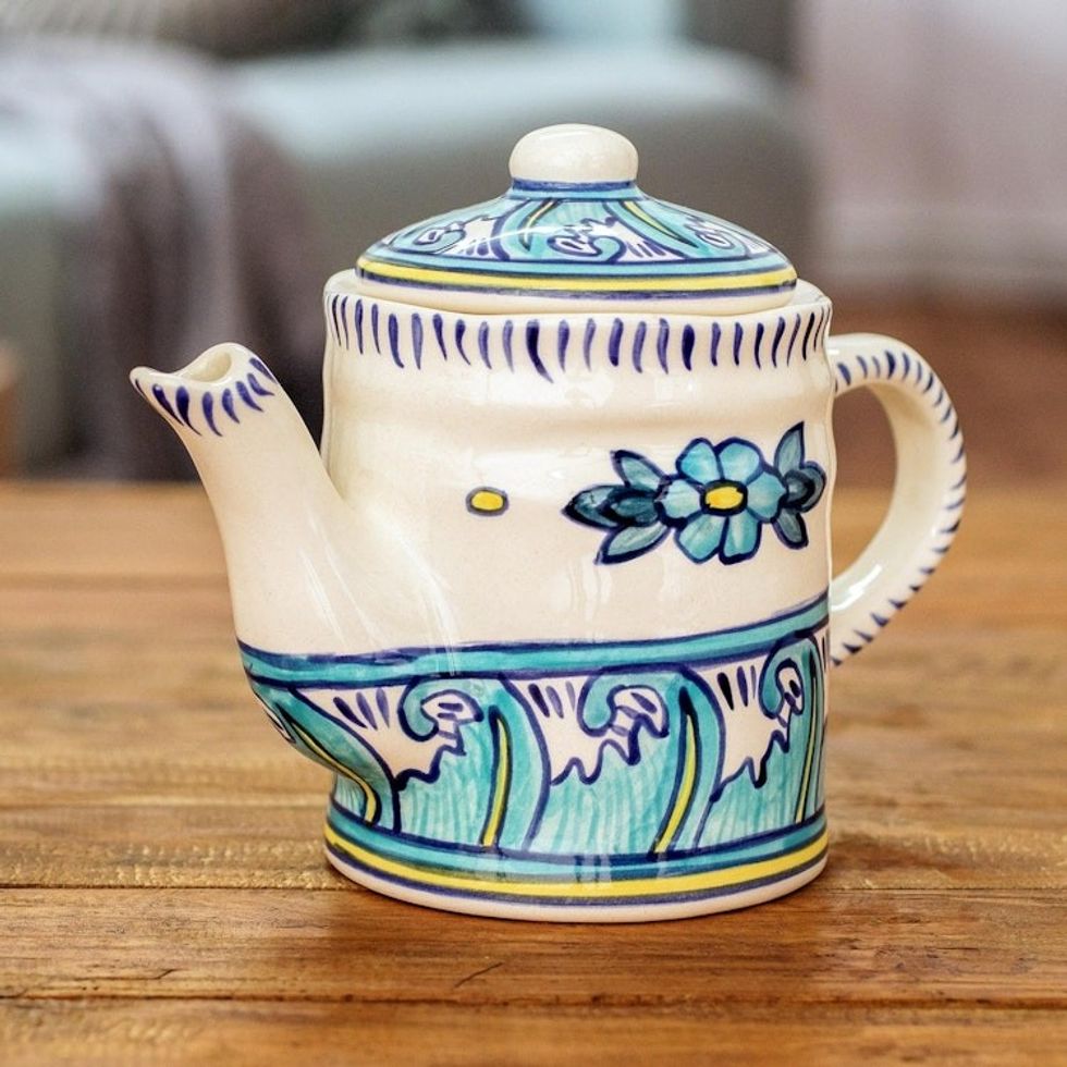 Turquoise and White Ceramic Artisan Crafted Coffee Pot 'Bermuda'