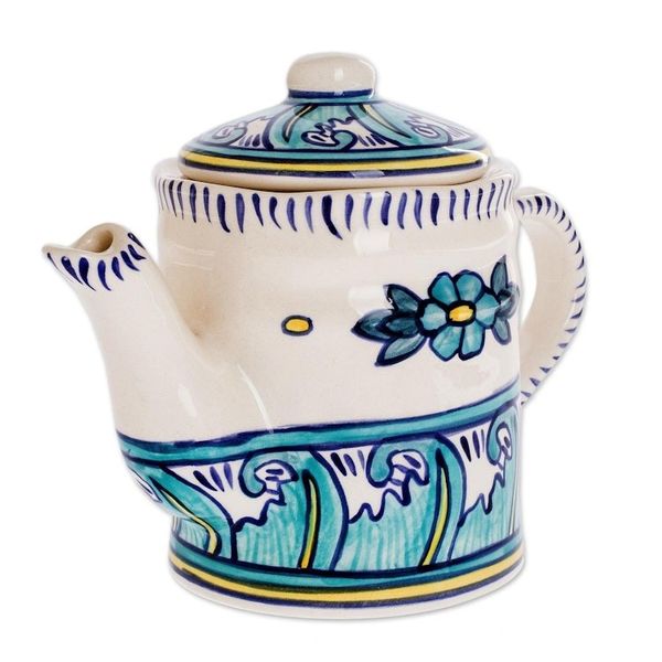 Alternate image for Turquoise and White Ceramic Artisan Crafted Coffee Pot Bermuda