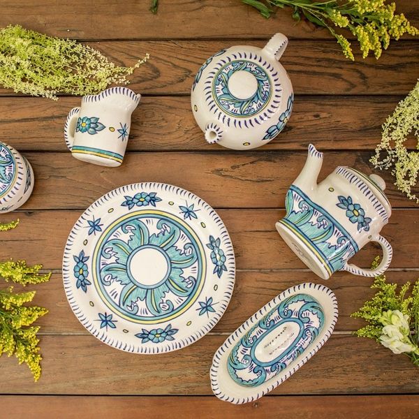Alternate image for Turquoise and White Ceramic Artisan Crafted Coffee Pot Bermuda
