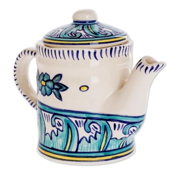 Alternate image for Turquoise and White Ceramic Artisan Crafted Coffee Pot Bermuda