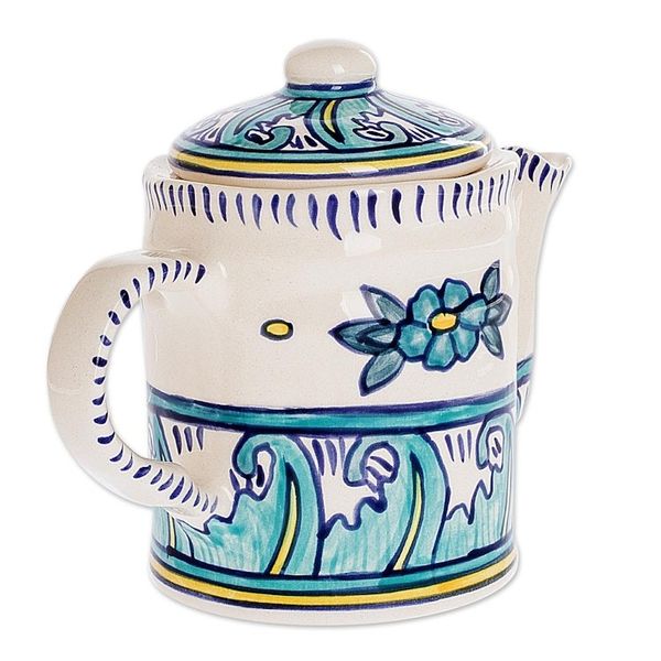 Alternate image for Turquoise and White Ceramic Artisan Crafted Coffee Pot Bermuda