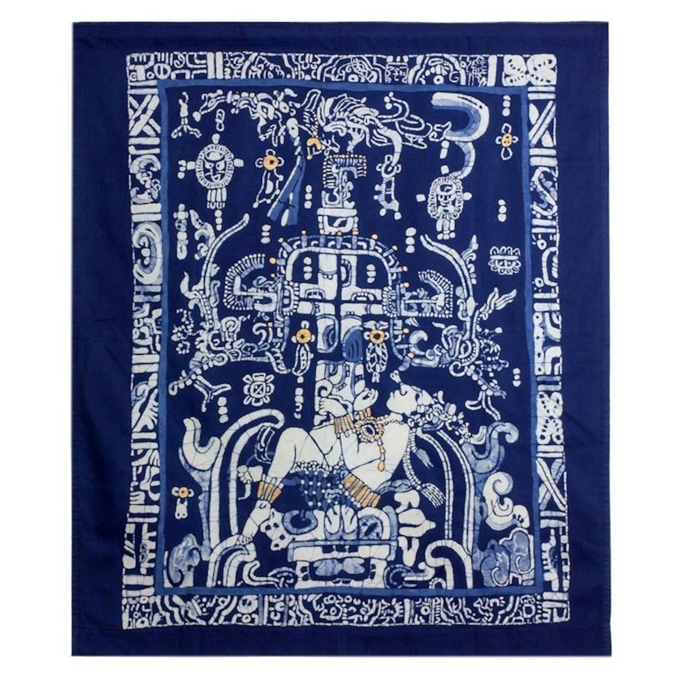 Batik Cotton Wall Hanging in Prussian Blue from El Salvador 'Pakal King'