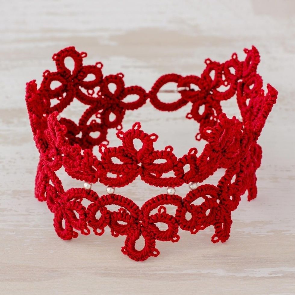 Hand-Tatted Wristband Bracelet in Cherry from Guatemala 'Elegant Flowers in Cherry'