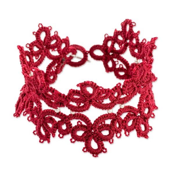 Alternate image for Hand-Tatted Wristband Bracelet in Cherry from Guatemala Elegant Flowers in Cherry