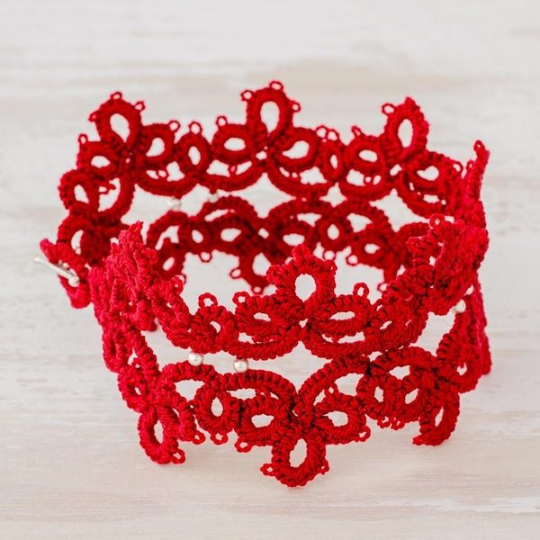 Alternate image for Hand-Tatted Wristband Bracelet in Cherry from Guatemala Elegant Flowers in Cherry