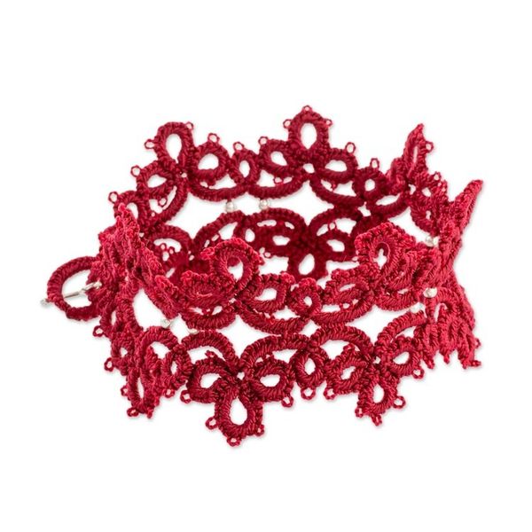 Alternate image for Hand-Tatted Wristband Bracelet in Cherry from Guatemala Elegant Flowers in Cherry