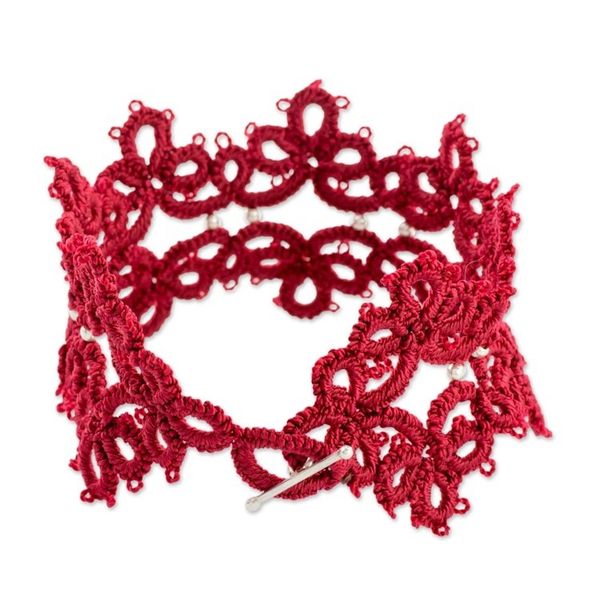 Alternate image for Hand-Tatted Wristband Bracelet in Cherry from Guatemala Elegant Flowers in Cherry