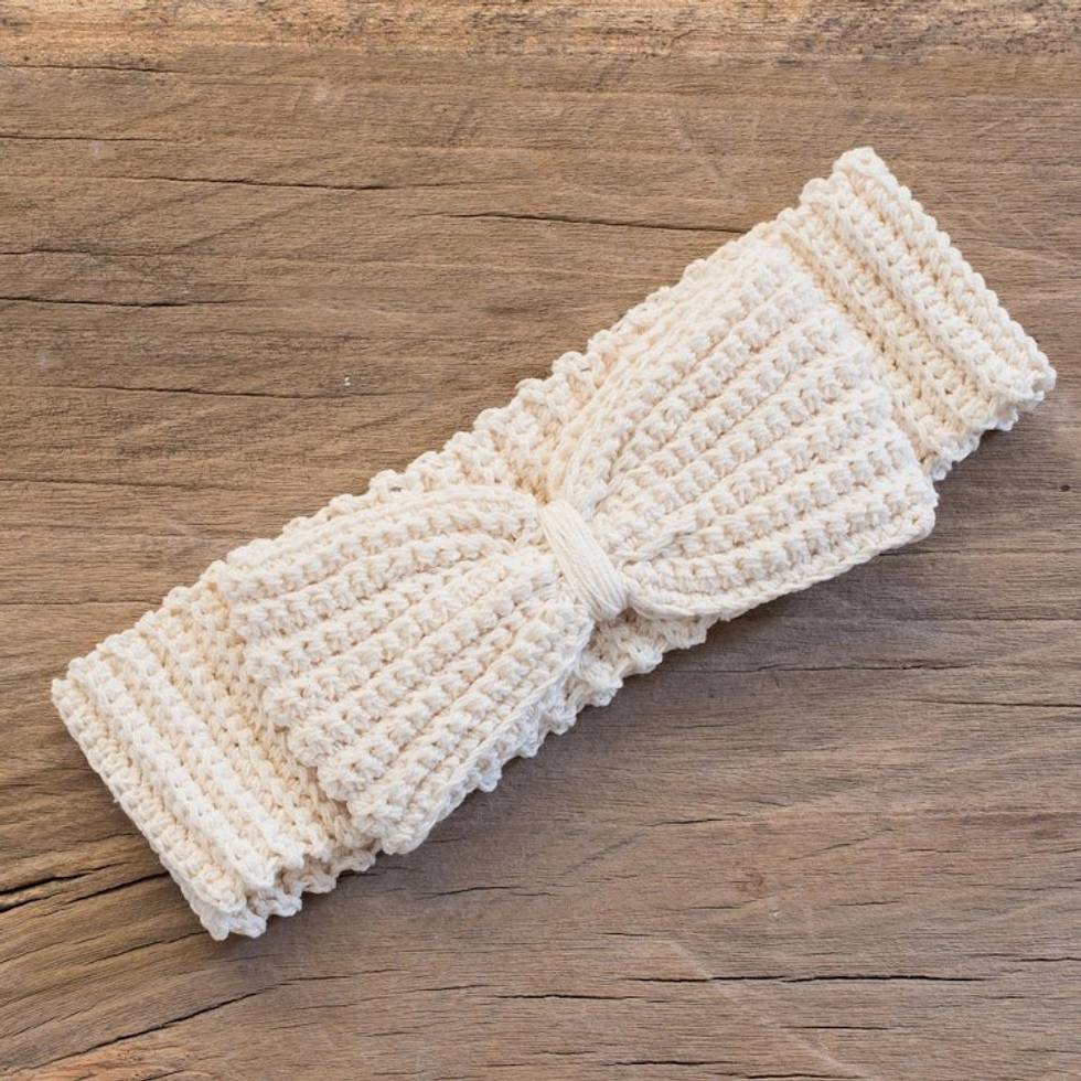 Crocheted Cotton Headband with Bow from Guatemala 'Alabaster Bow'