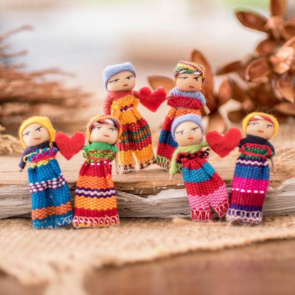 Two Guatemalan Worry Dolls with 100 Cotton Pouch 'Love and Hope'