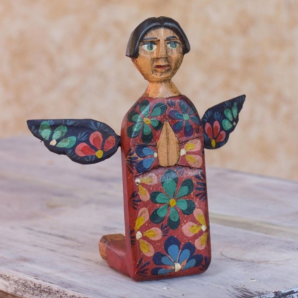 Kneeling Angel Artisan Crafted Wood Sculpture Statuette 'Angel of Vitality II'