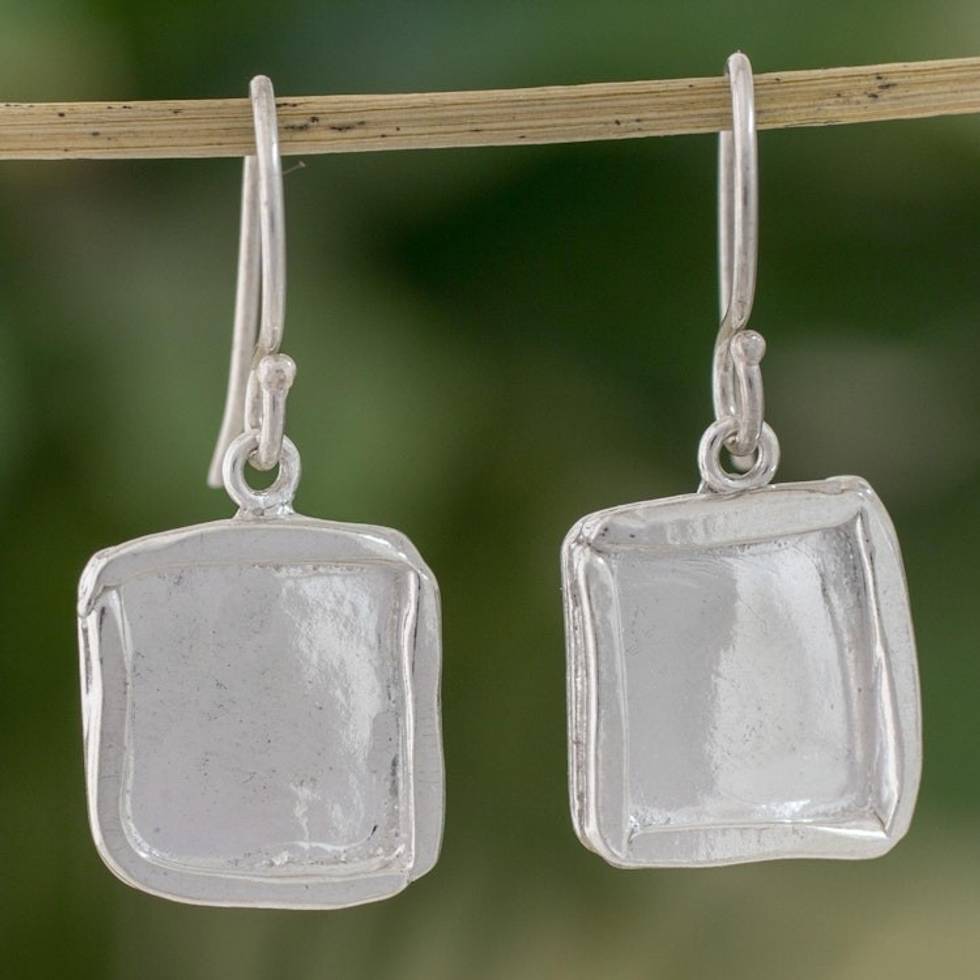 Fine Silver Dangle Earrings with Combination Finish 'Shimmering Squares'