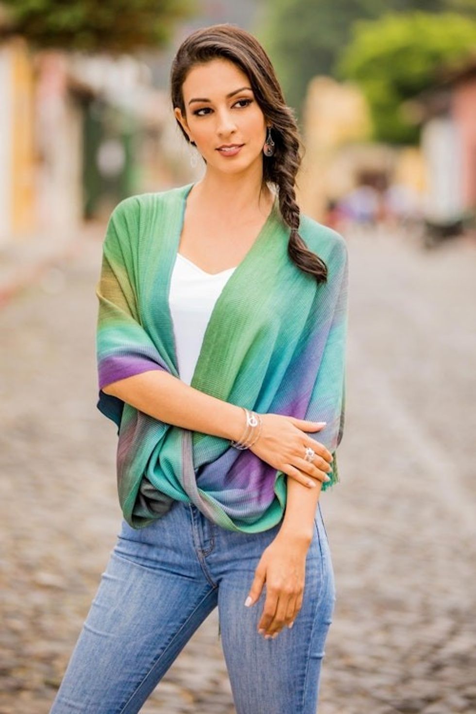 Asymmetric Hand Woven Rayon Poncho from Guatemala 'Nature's Charm'