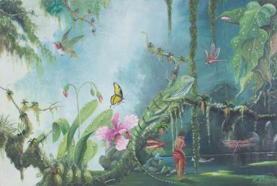 Alternate image for Realistic Signed Guatemalan Tropical Landscape Oil Painting Iguana