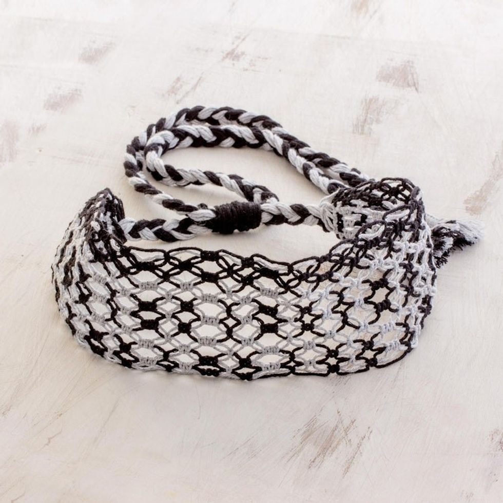 Handcrafted Black and Grey Stripe Cotton Macram Headband 'Moonlit Ripples'