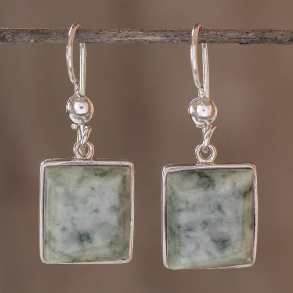 Alternate image for Unique Central American Sterling Silver Dangle Jade Earrings Maya Treasure