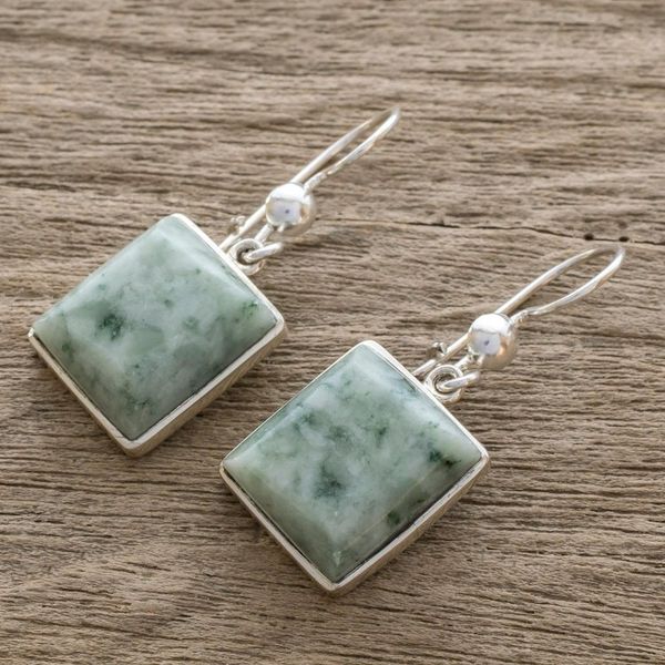 Alternate image for Unique Central American Sterling Silver Dangle Jade Earrings Maya Treasure