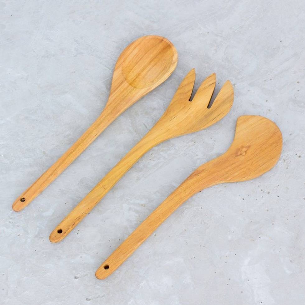 Handcrafted Teak Wood Serving Utensils Set of 3 'Gourmet'
