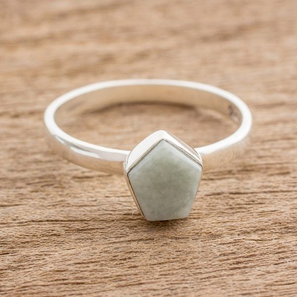 Alternate image for Pale Green Jade Pentagon and Sterling Silver Cocktail Ring Striking in Pale Green