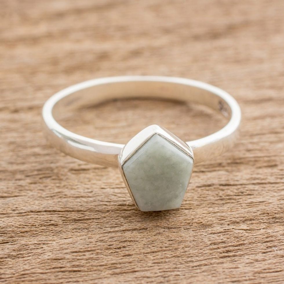 Pale Green Jade Pentagon and Sterling Silver Cocktail Ring 'Striking in Pale Green'
