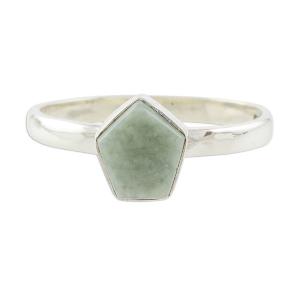 Alternate image for Pale Green Jade Pentagon and Sterling Silver Cocktail Ring Striking in Pale Green
