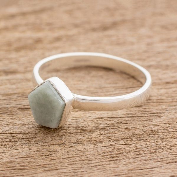 Alternate image for Pale Green Jade Pentagon and Sterling Silver Cocktail Ring Striking in Pale Green
