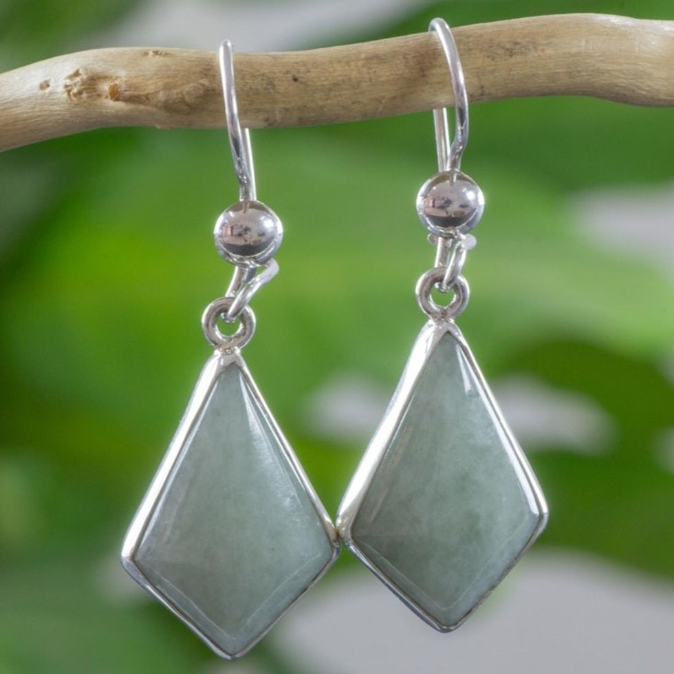 Very Light Green Jade in Sterling Silver Geometric Earrings 'Jungle Pyramids'