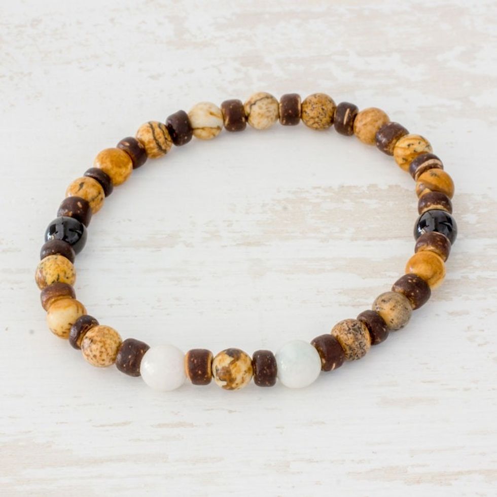 Jasper Jade and Coconut Shell Beaded Bracelet from Guatemala 'Brown Combination'
