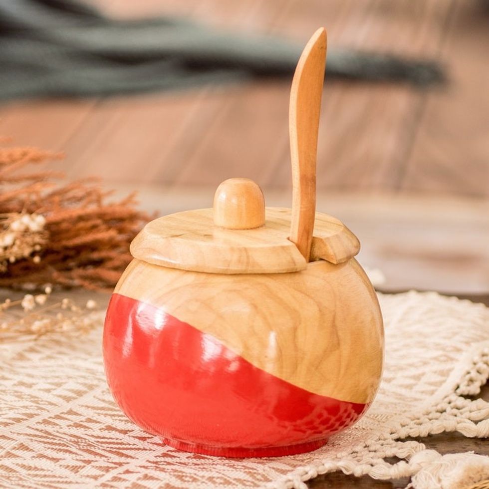 Dip Painted Hand Carved Wood Sugar Bowl 'Sweet Red'