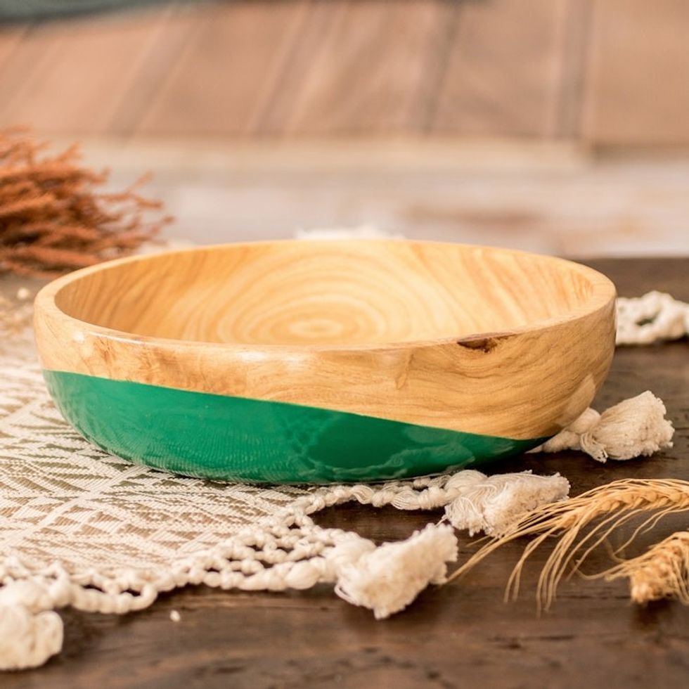 Dip Painted Hand Carved Wood Bowl Medium 'Spicy Green'