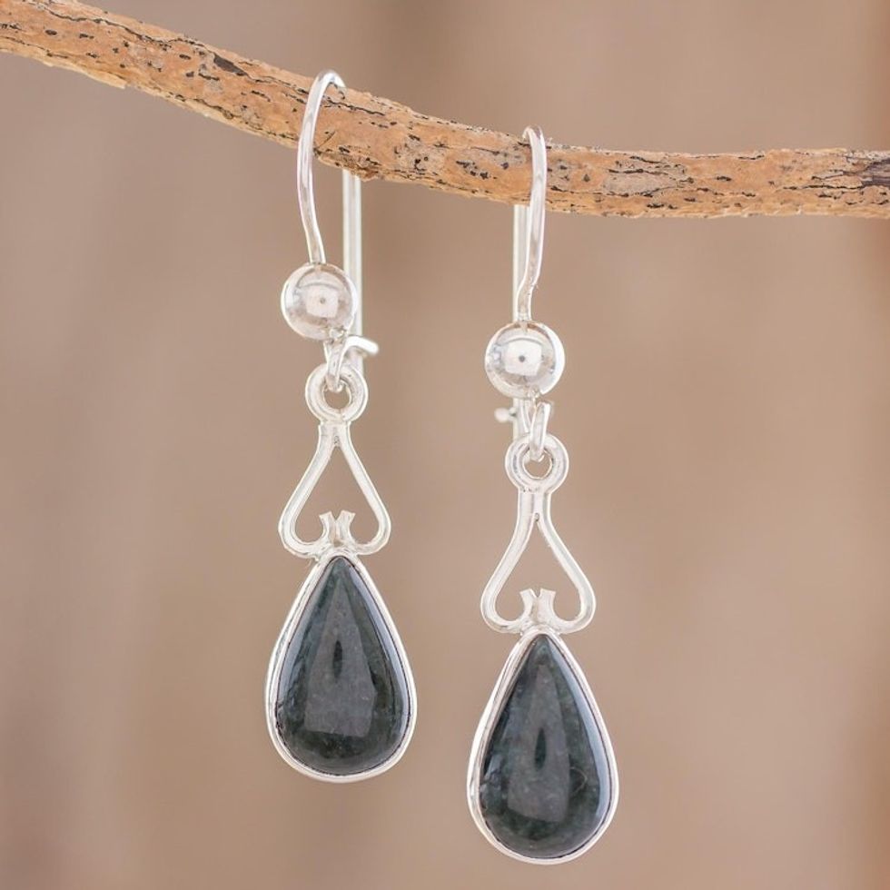 Jade and Sterling Silver Dangle Earrings from Guatemala 'Marvelous Drop in Dark Green'