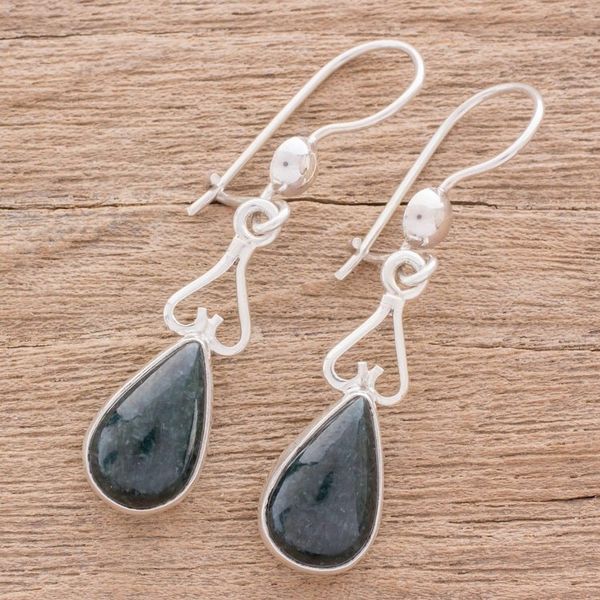 Alternate image for Jade and Sterling Silver Dangle Earrings from Guatemala Marvelous Drop in Dark Green