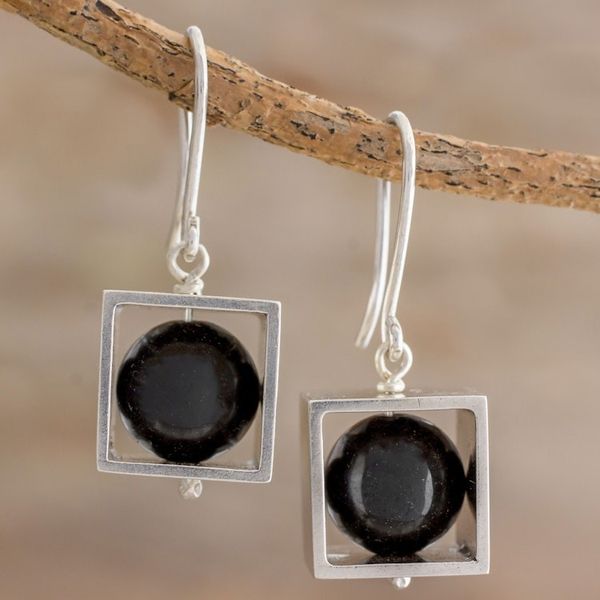 Alternate image for Square Sterling Silver Frame with Onyx Orb Dangle Earrings Frames