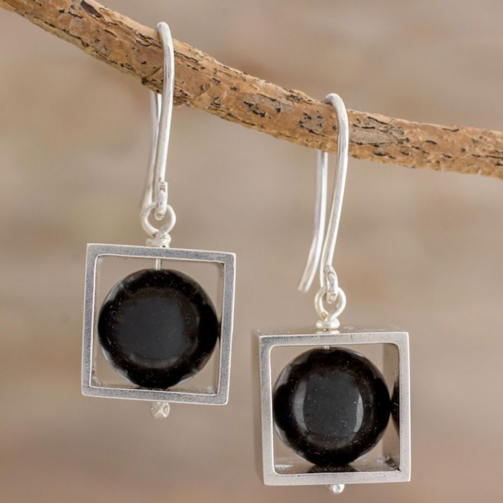 Square Sterling Silver Frame with Onyx Orb Dangle Earrings 'Frames'