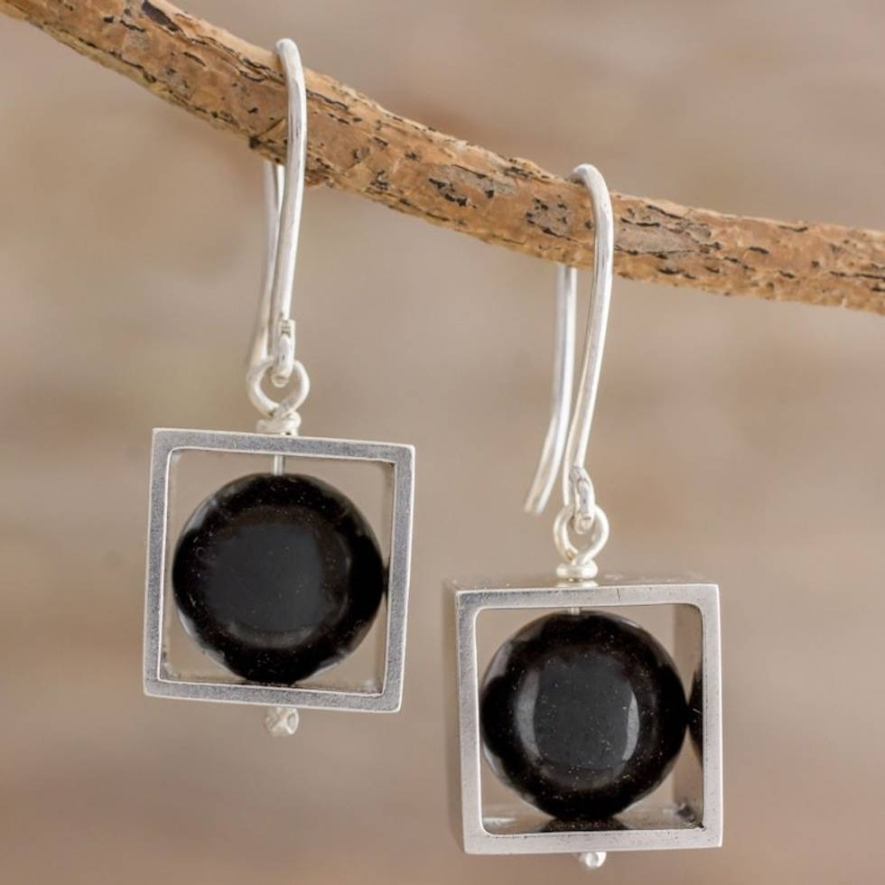 Square Sterling Silver Frame with Onyx Orb Dangle Earrings 'Frames'