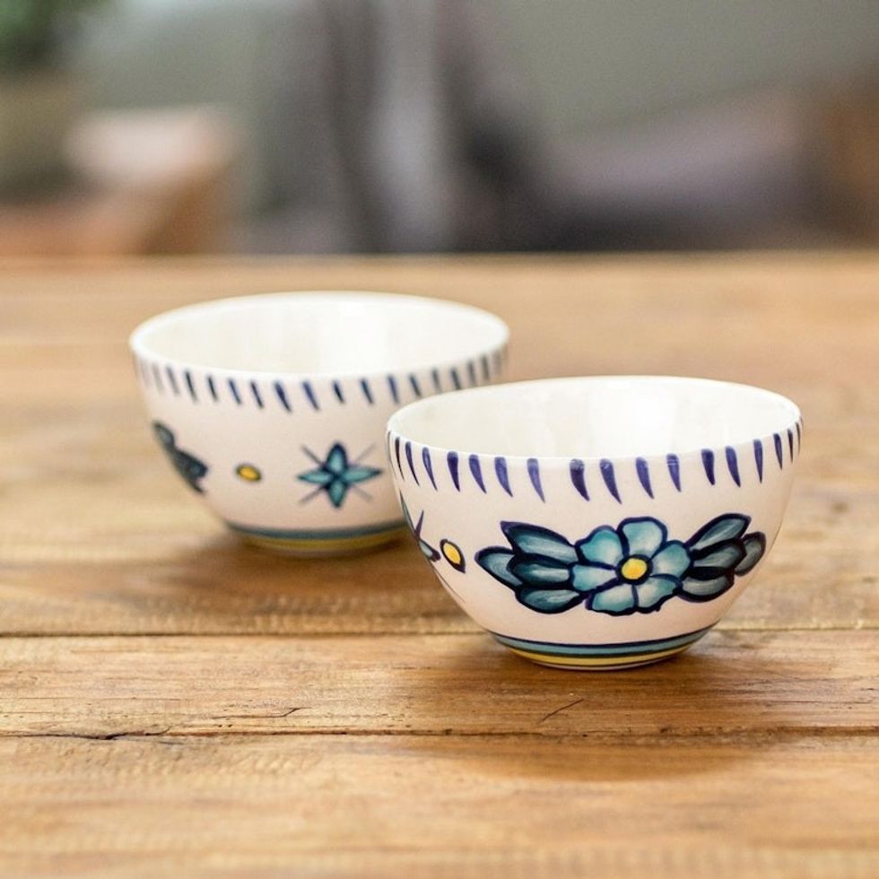 Artisan Crafted Ceramic Floral Bowls Pair 'Bermuda'